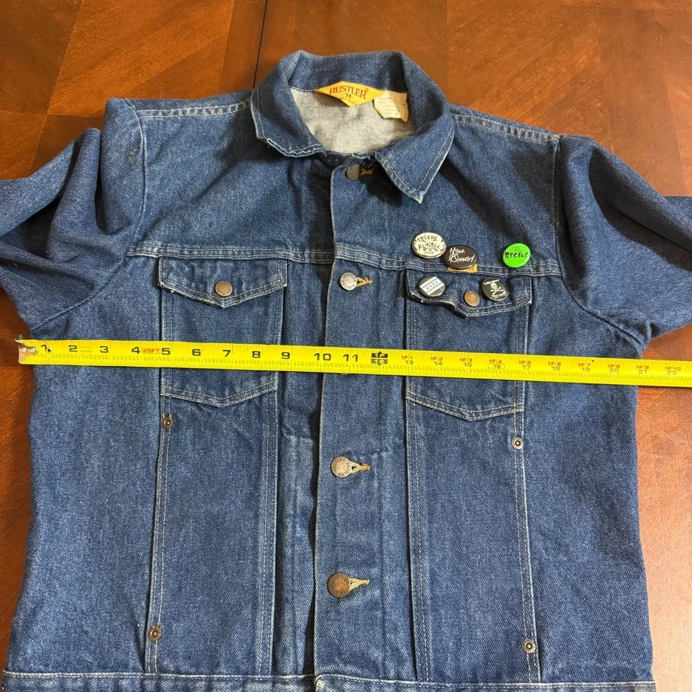 Vintage Rustler Denim Trucker‎ Jacket M Mickey's Get Stung Patch Punk Pins read